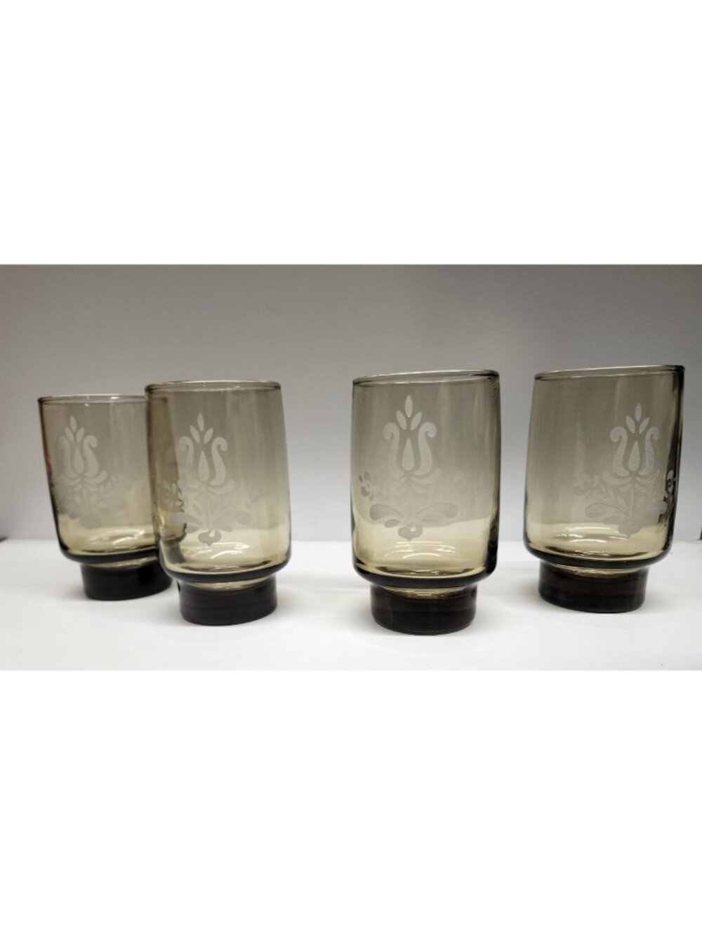 4- Libbey Pfaltzgraff Village Brown Smoke Etched Glasses Vintage Tumblers